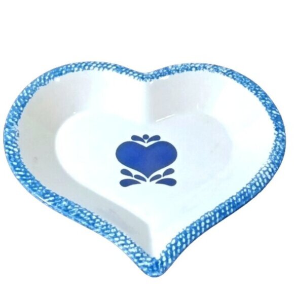 Blue Spongeware Heart Shaped Pie Dish w/ Blue Heart Decor Glazed - Picture 1 of 4